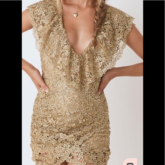 SPELL & THE GYPSY COLLECTIVE NINA SHIFT MINI DRESS GOLD LACE AND SEQUINS - Picture 5 of 16